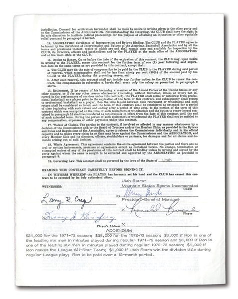 1971 RON BOONE SIGNED ABA UNIFORM PLAYERS CONTRACT AND ORIGINAL TYPE I PHOTOGRAPH